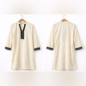 Women's Cream Tunic Shirt with Black Embroidered Placket - Classic Ethnic Style